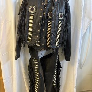 Riders by Lee Black Leather Western Fringe Jacket with Gold Accents